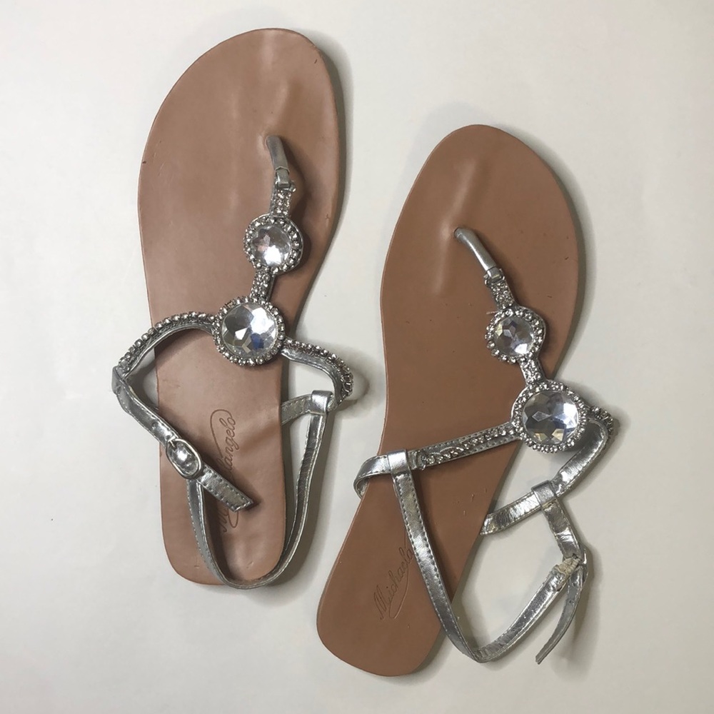 Michaelangelo Silver & Rhinestone T Strap Flat Ankle Sandal (8)